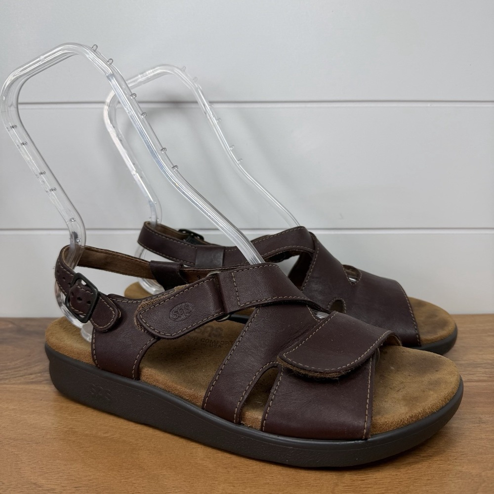 SAS SANDALS WOMENS BROWN LEATHER HUGGY CROSS STRAP SIZE 9W ADJUSTABLE SLINGBACK